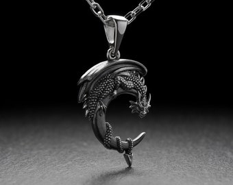 Sterling Silver Moon Dragon Pendant, Dragon Jewelry, Handmade Dragon Pendant, Fantasy Lovers Gift, Dragons Lovers Necklace, Gift Idea