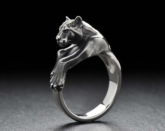 Sterling Silver Panther Ring, 925 Silver Wild Cat Ring, Handmade Animal Jewelry for Men and Women, Panther Lovers Gift, Bold Jungle Design