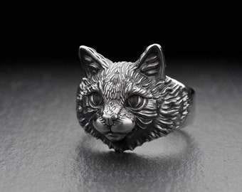 Sterling Silver Cat Totem Ring, Realistic Cat Jewelry, Handmade Animal Ring, Unique Gift for Cat Lovers, Unique Sterling Silver Gift