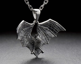 Sterling Silver Bat Pendant, Gothic Gift, Gothic Necklace, Wide Bat Pendant, Bats Lover Gift, Handmade Goth Necklace, Animal Pendant