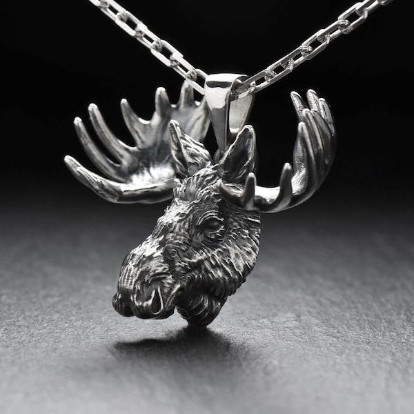 Sterling Silver Moose Head Pendant, Handmade Animal Necklace, Elk Pendant, Moose Lovers Gift, Elk Jewelry, Animal Pendant, Elk Head Necklace