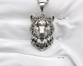 Sterling Silver Snow Leopard Pendant: Handmade Animal Necklace
