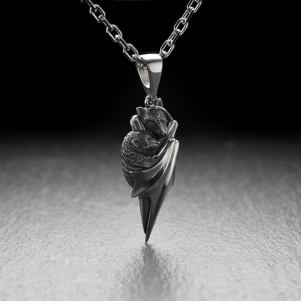 Pendentif en argent sterling renard volant avec un ourson, pendentif gothique, collier chauve-souris, cadeau pour amoureux gothiques, cadeau pour amoureux de chauve-souris, bijoux animaux faits main