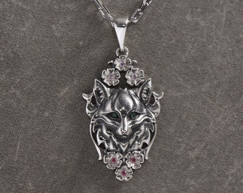 Sterling Silver Fox Pendant: Handmade Floral Animal Necklace