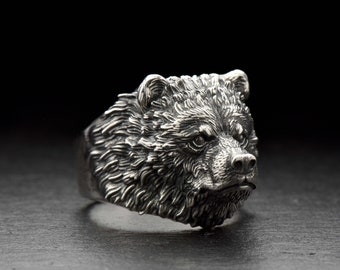 Sterling Silver Grizzly Bear Head Ring, Handmade Animal Jewelry for Bear Lovers, Rustic Wildlife Ring Gift, Solid Silver Nature Jewelry