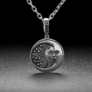 Oxidized Sterling Silver Sun and Moon Pendant: Fantasy Lovers Gift