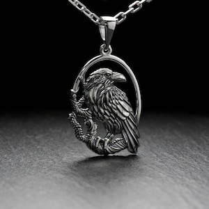 Sterling Silver Raven Pendant Necklace: Norse Viking Amulet