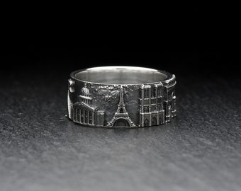 Sterling Silver Paris Cityscape Ring: Eiffel Tower Band, Handmade Souvenir