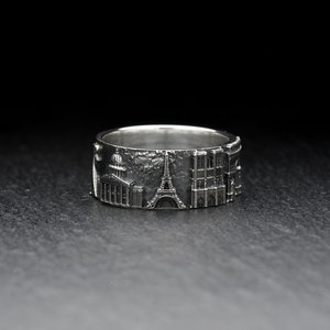 Sterling Silver Paris Cityscape Ring: Eiffel Tower Band, Handmade Souvenir