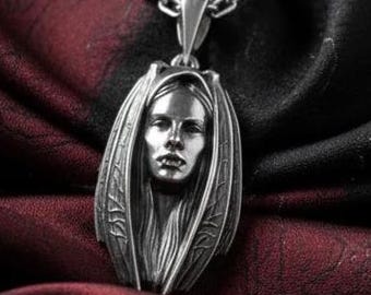 Sterling Silver Lady Vampire Pendant: Handmade Gothic Bat Necklace