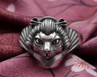 Anillo de geisha con forma de gato – Joyería de plata de ley inspirada en Asia