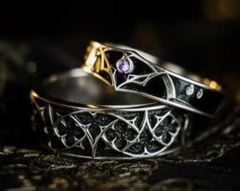 Gothic Sterling Silver Wedding Ring Set: Black Texture, Gemstone Accent