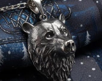 Sterlingzilveren ketting met beer en schedel: Gothic Grizzly-sieraden