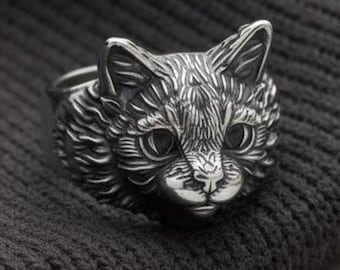 スターリングシルバーの猫の頭の指輪：手作りの猫のジュエリー - Etsy 日本