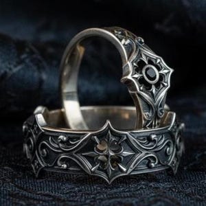 Gothic Sterling Silver Wedding Ring Set: Ornate Medieval Bands