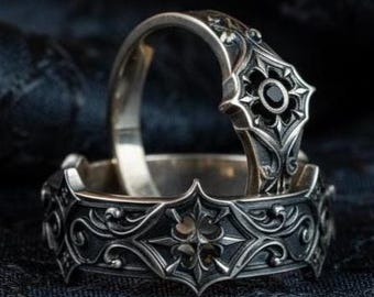 Gothic Sterling Silver Wedding Ring Set: Ornate Medieval Bands