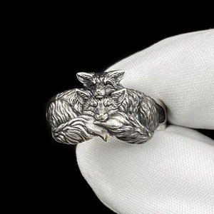 Sterling Silver Fox Cubs Ring, Fox Lovers Gift, Animal Jewelry, Handmade Foxes Jewelry, Animal Jewelry Animal Lovers Ring, Gift Idea