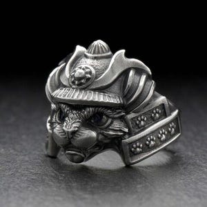 Sterling Silver Samurai Cat Ring: Unique Japan Inspired Jewelry