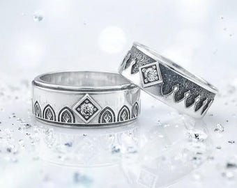 Conjunto de anillos de boda a juego con arco gótico y piedras preciosas blancas / Alianzas nupciales alternativas de plata de ley / Regalo para parejas de estilo Dark Academia