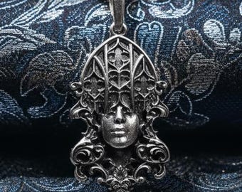Gothic Cathedral Mask Pendant, Surreal Oxidized Sterling Silver Necklace