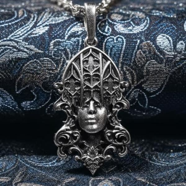 Gothic Face Pendant, Cathedral Mask Necklace, Surreal Silver Charm, Dark Academia Jewelry, Architecture Gift, Statue Head, Weeping Angel