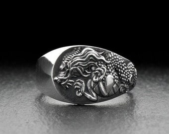 Oxidized Sterling Silver Chinese Dragon Ring: Mythology Jewelry