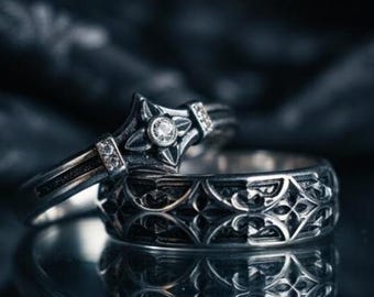 Medieval Cross Wedding Set, Citrine Gothic Engagement Ring, Oxidized Silver Bands