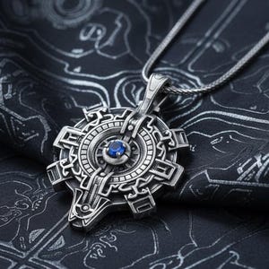 May include: A silver-toned metal pendant featuring a complex, gear-like circular design with intricate geometric engravings and a single, small, round blue gemstone set in the center, suspended from a matching silver-toned metal chain necklace.