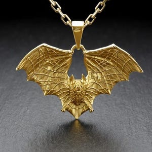 14K Gold Bat Pendant: Gothic Totem Animal Necklace