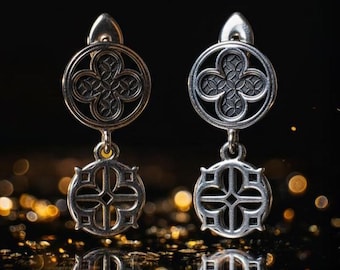 Gothic Quatrefoil Earrings, Medieval Cross Drop, Sterling Silver Coin Stud, Cathedral Tracery Jewelry, Oxidized Dangle, Dark Academia Gift
