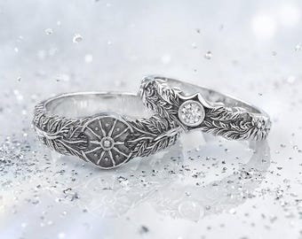Antique Silver Wedding Ring Set, Vintage Style Sunburst Matching Bands, Nature Inspired Leaf Bridal Rings, Alternative Engagement