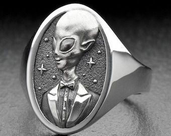 Sterling Silver Alien Groom Ring: Handmade Space Jewelry