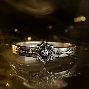 Gothic Engagement Ring Silver – Sterling Silver Medieval Style Ring with Purple Gemstone | Dark Romantic Alternative Jewelry