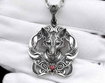 Gothic Sterling Silver Fox Pendant – Red Gemstone Mystical Necklace