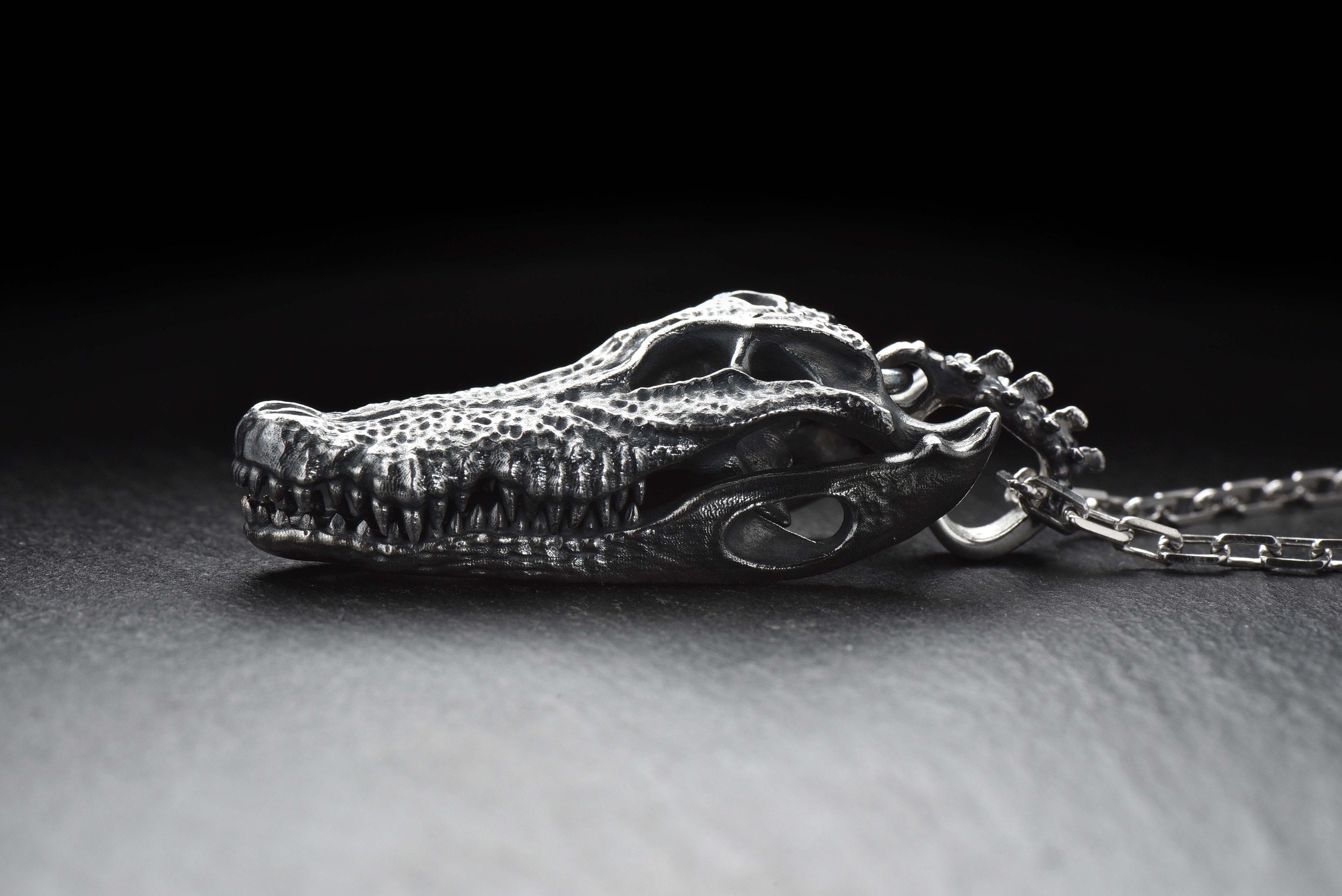 Sterling Silver Pendant Crocodile Skull, Handmade Skull Jewelry