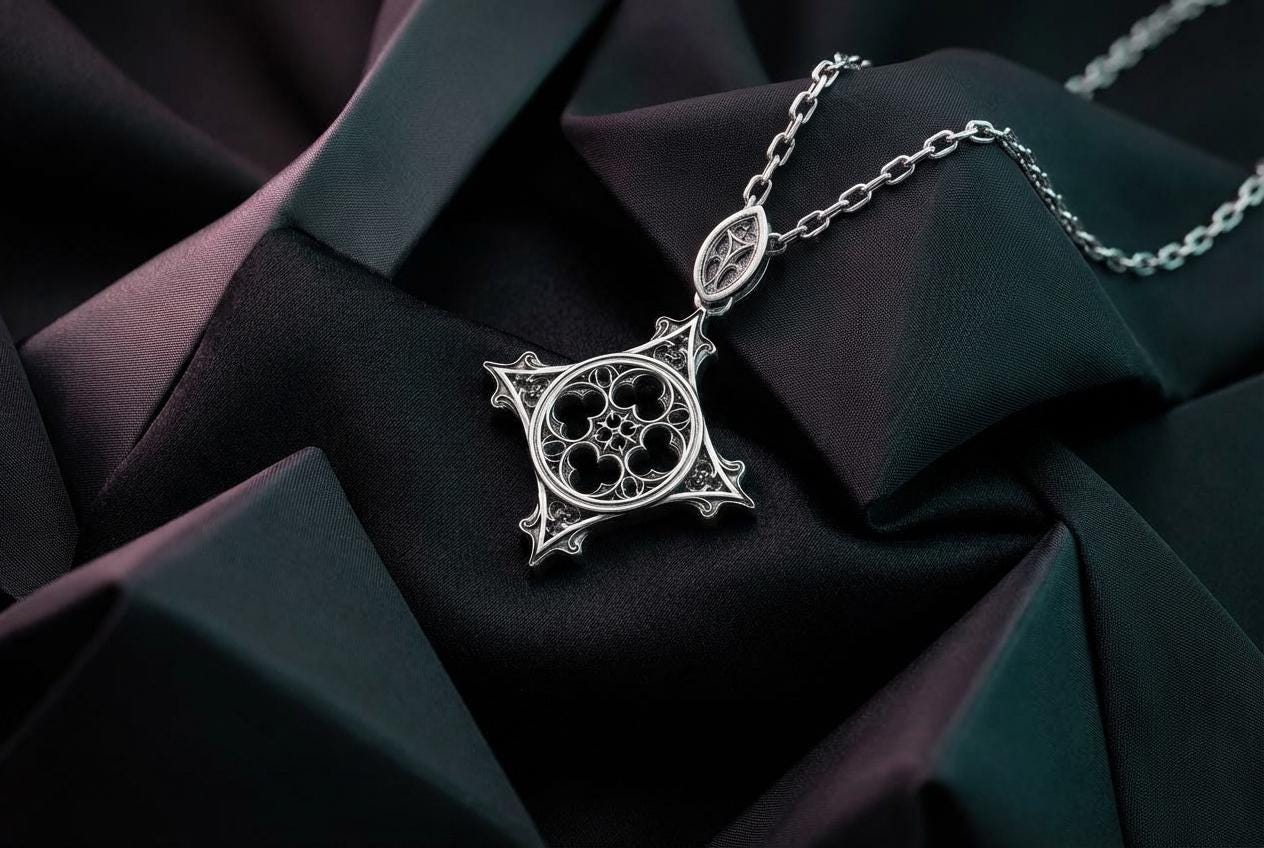 Sterling Silver Gothic Cross Pendant, Medieval Cathedral Window