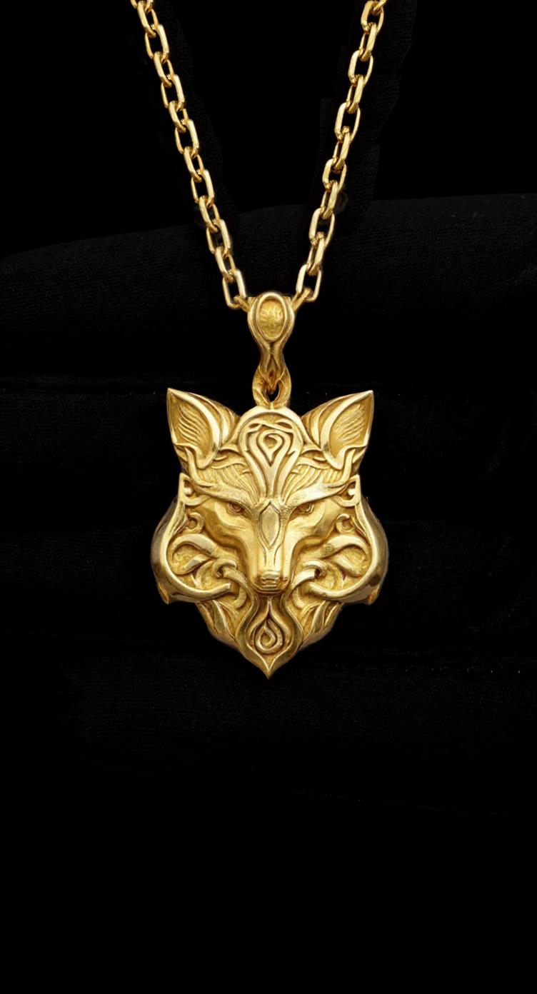Collana Ciondolo Gatto Celtico E Volpe Pagana In Acciaio Inox Tono Argento