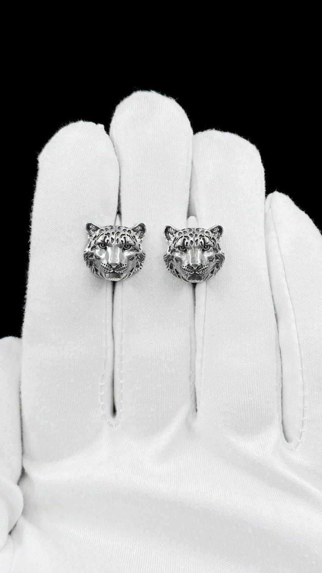 Oxidized Sterling Silver Snow Leopard Earrings: Handmade Animal