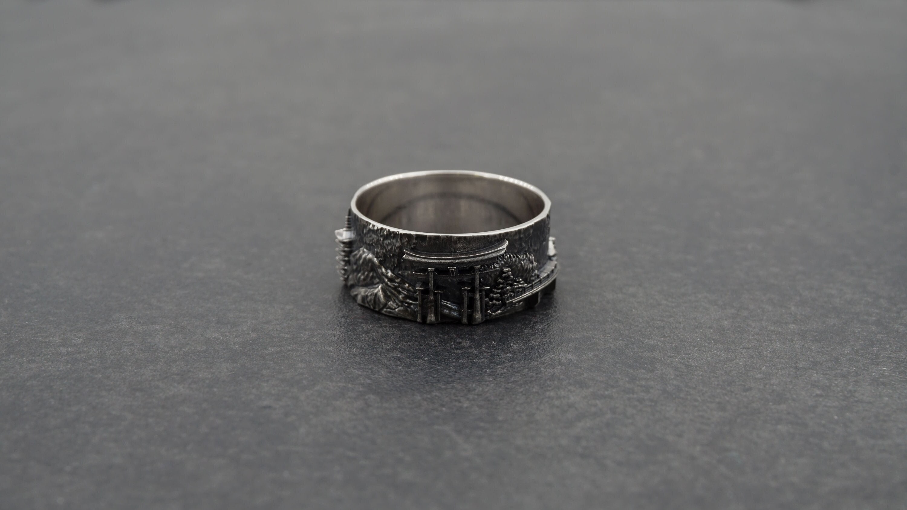 Sterling Silver Japan Cityscape Ring: Engraved Samurai Anime Jewelry