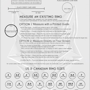 May include: A ring size guide with instructions for measuring existing rings. Includes a printed guide option and a screen measurement option. Features US and Canadian ring sizes from 3 (14.1 mm) to 14.5 (23.4 mm).