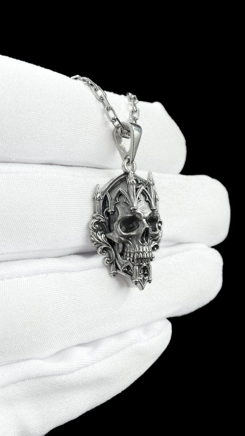 Gothic Cathedral Skull Pendant, Sterling Silver Memento Mori Necklace ...