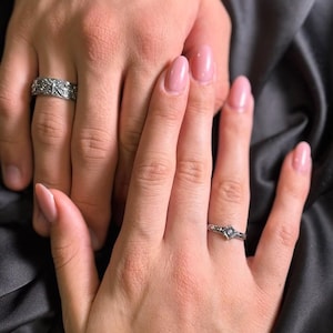 Gothic Sterling Silver Wedding Set – Dark Romance Medieval Filigree Bands image 2