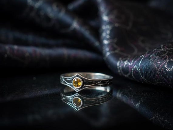Medieval Spear Ring, Citrine Warrior Band, Elven Tiara Jewelry, Fantasy Engagement Ring, Oxidized Silver, Amber Color Gem