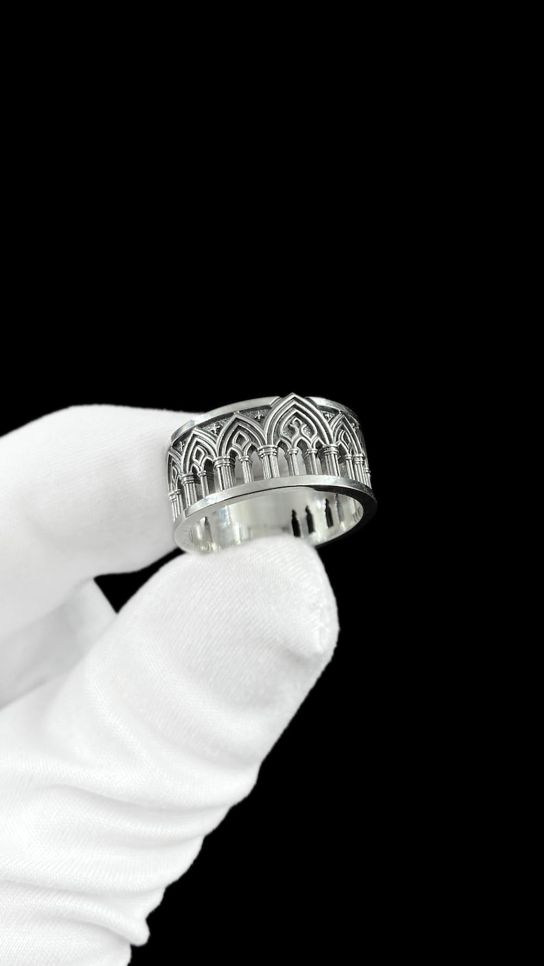Metal Structural Rings Sterling Silver Gothic Cathedral Ring, Oxidized Architectural Band ...
