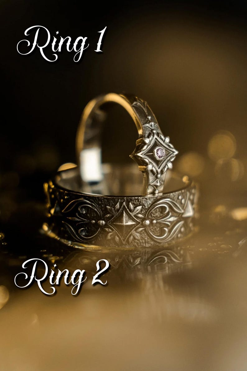 Medieval fleur-de-lis matching rings
Gothic silver rings with gemstone
Fleur-de-lis his and hers bands
Personalized medieval wedding rings
Gothic engagement rings with stone
Alternative gemstone wedding jewelry
Custom engraved medieval silver rings
Elegant gothic couple promise rings
Handmade gothic fleur-de-lis rings
Gothic medieval wedding ring set
Unique gothic bands for couples