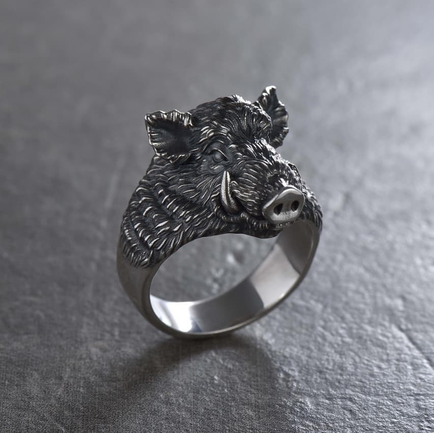 Anello Testa Di Volpe Argento 925 Ossidato - Stile Biker/Sigillo, Uomo/Donna, Fatto A Mano India