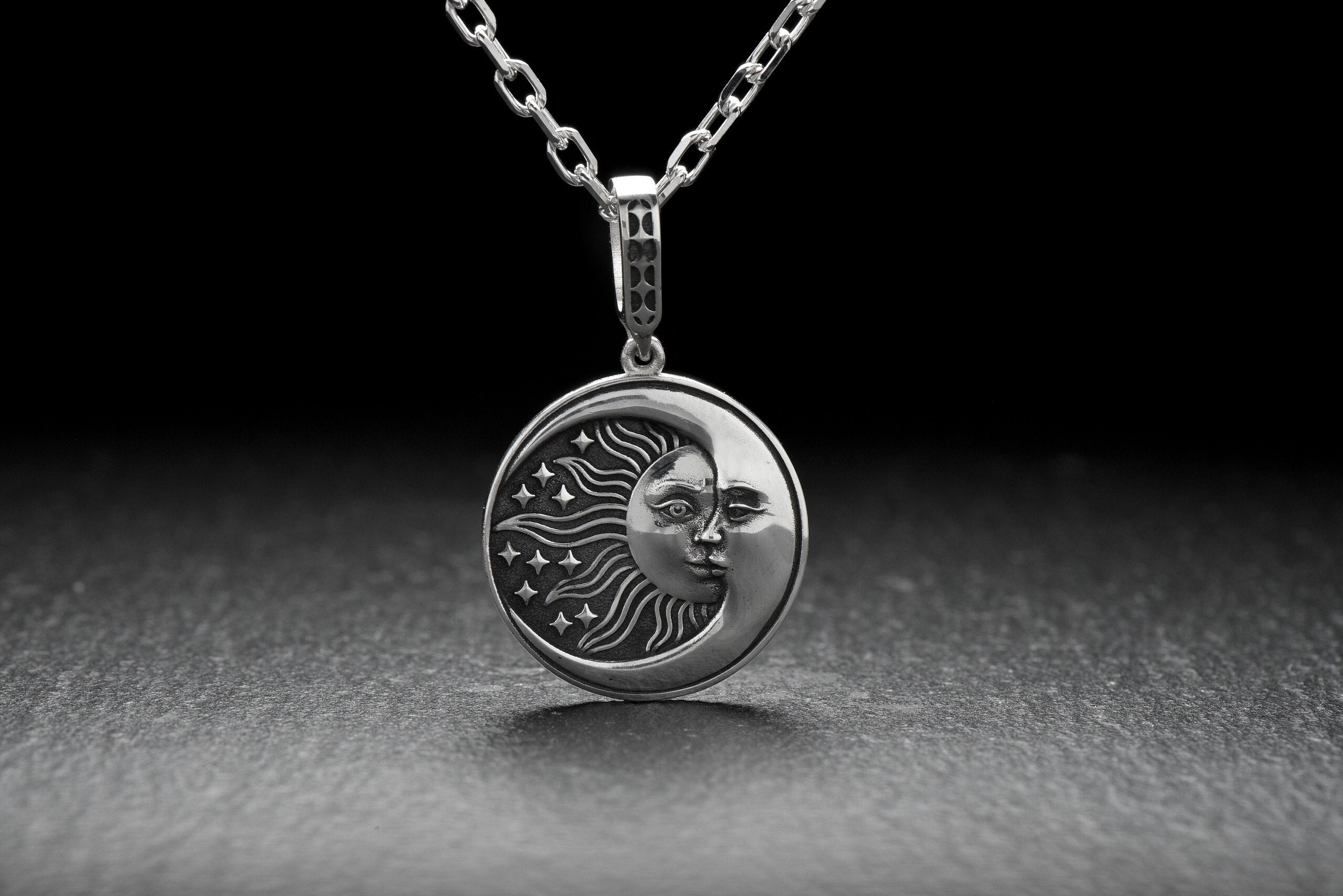 Oxidized Sterling Silver Sun and Moon Pendant: Fantasy Lovers Gift