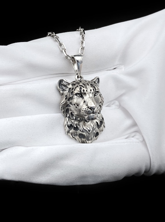Sterling Silver Snow Leopard Pendant: Handmade Animal Jewelry