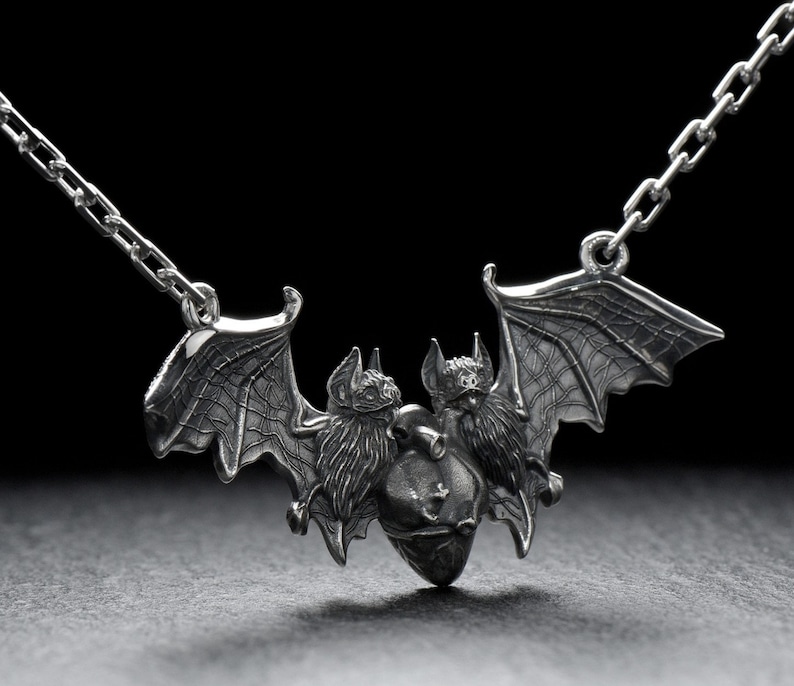Sterling Silver Bats & Heart Pendant: Gothic Animal Necklace - Etsy
