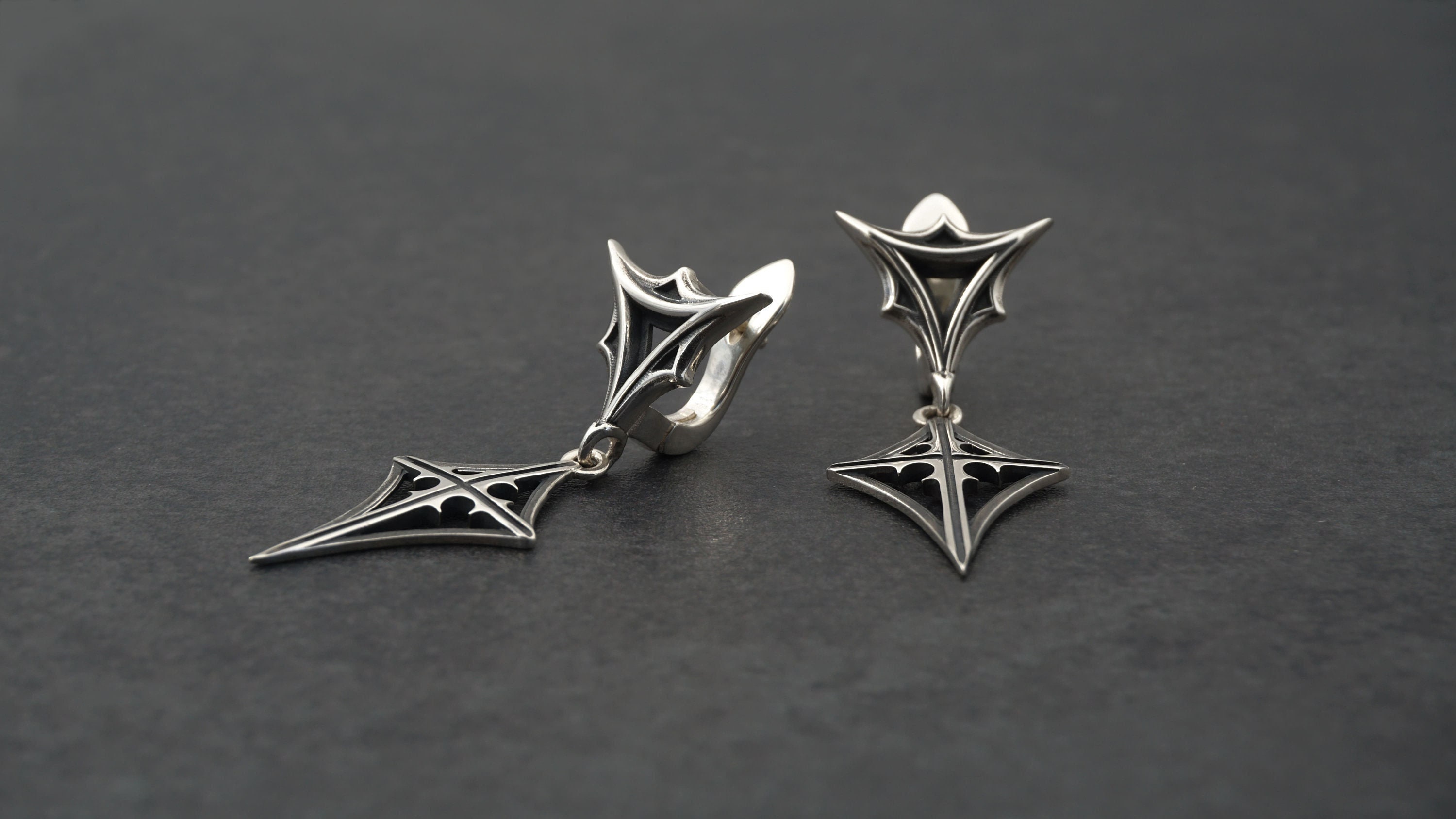Gothic Tracery Earrings, Sterling Silver Star Drop, Medieval Cross 